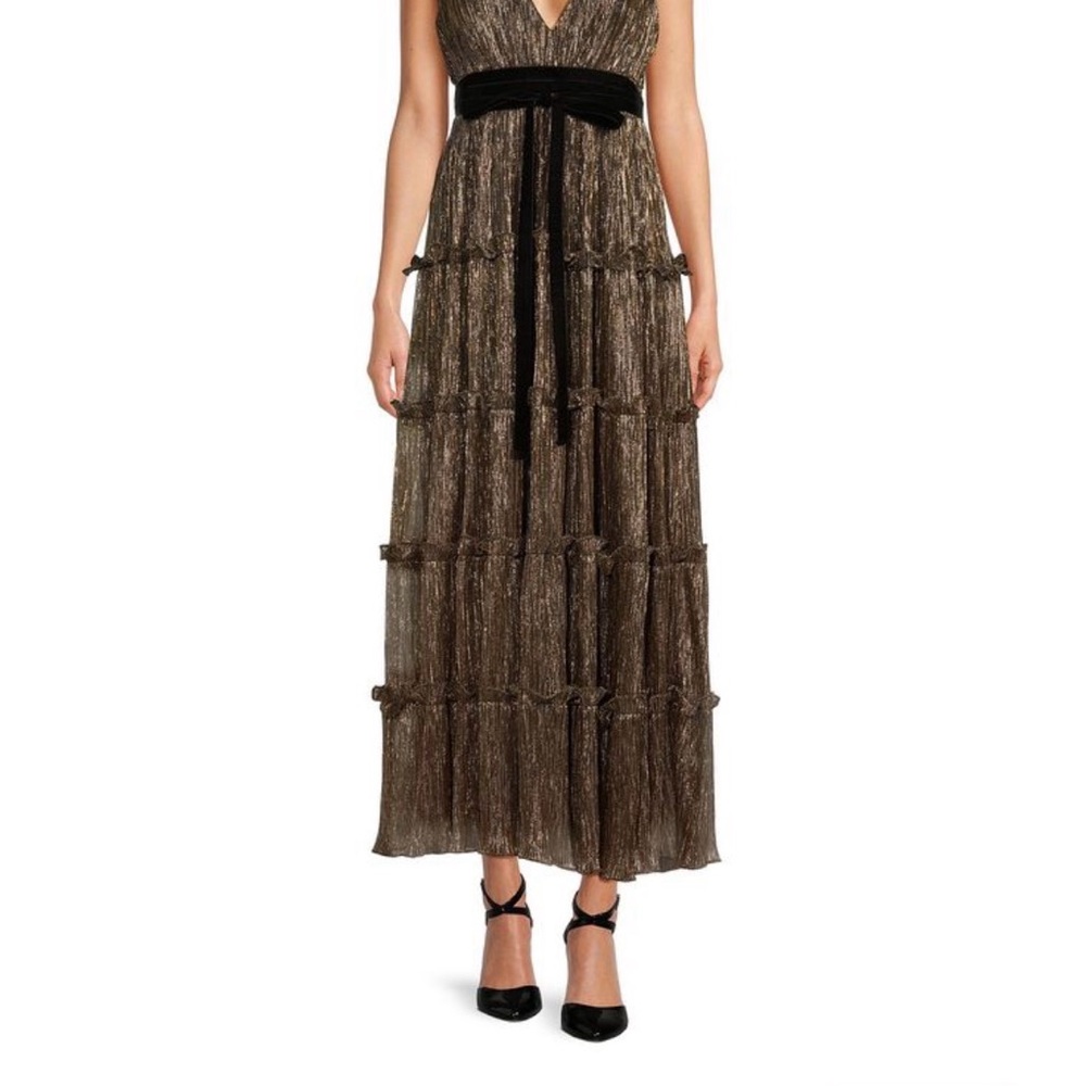 Metallic Bronze V-Neck Tiered Maxi Dress with Velvet Waist Tie